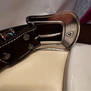 Ariat Brown Leather Belt with Silver-Tone Buckle and Turquoise underlay